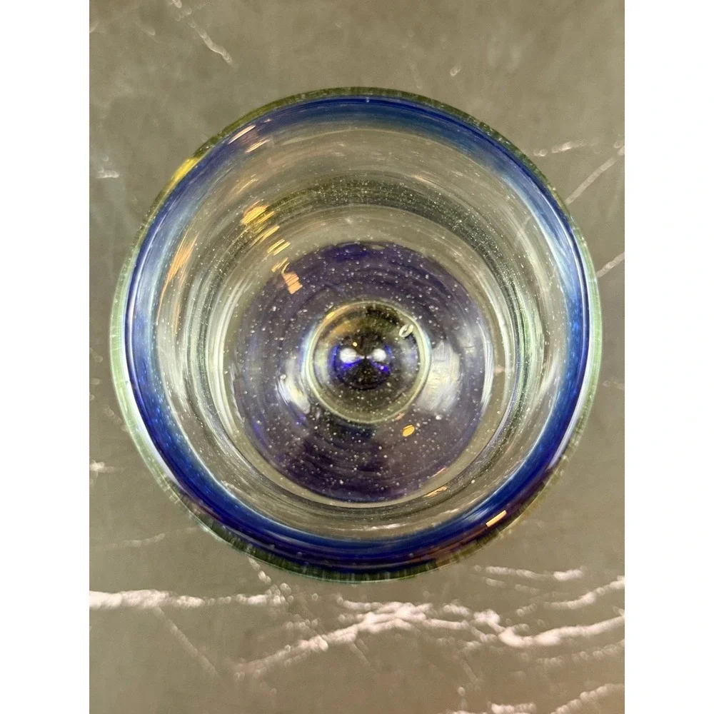 Mexican Hurricane Glass Hand Blown Cobalt Blue Stem and Rim 5 1/8in